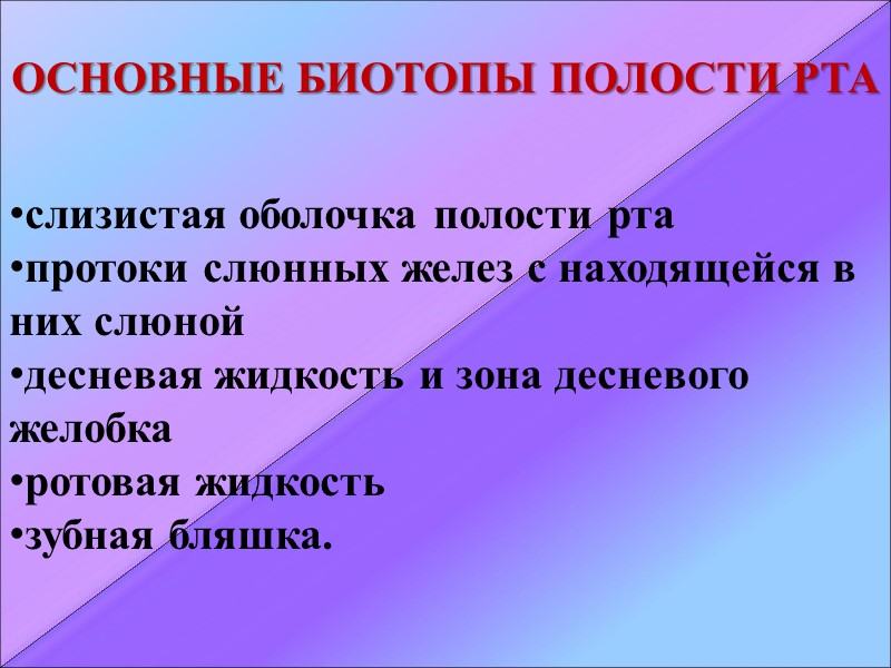 ОСНОВНЫЕ БИОТОПЫ ПОЛОСТИ РТА   слизистая оболочка полости рта протоки слюнных желез с